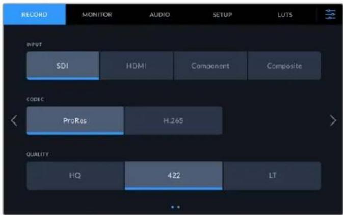 RECORD MONITOR AUDIO SETUP LUTS INPUT SDI HDMI Component Composite CODEC ProRes H.265 QUALITY HQ 422 LT
