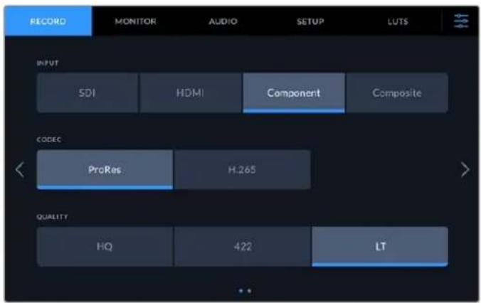 RECORD MONITOR AUDIO SETUP LUTS INPUT SDI HDMI Component Composite CODEC ProRes H.265 QUALITY HQ 422 LT