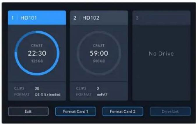 1 HD101 CFAST 22:30 125GB CLIPS 38 FORMAT OS X Extended 2 HD102 CFAST 59:00 $00GB CLIPS 0 FORMAT exFAT 3 No Drive Exit Format Card 1 Format Card 2 Drive List