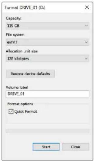 Format DRIVE_01 (D:) Capacity: 119 GB File system: exFAT Allocation unit size 126 kilobytes Restore device defaults Volume label: DRIVE_01 Format options: ✓ Quick Format Start Close