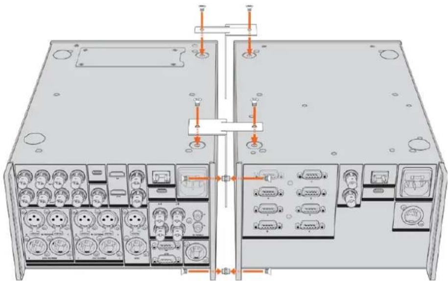 Technical diagram of an electronic device rear panel with labeled ports and connectors, showing internal components and connection points.