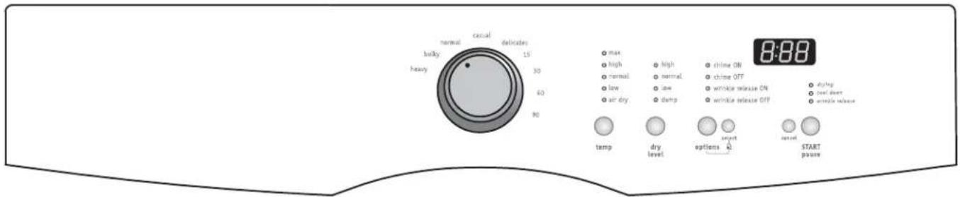 8:88 max high normal low air dry clamp chime ON chime OFF wrinkle release ON wrinkle release OFF drinking feel down wrinkle release temp dry level option reset reset START pause