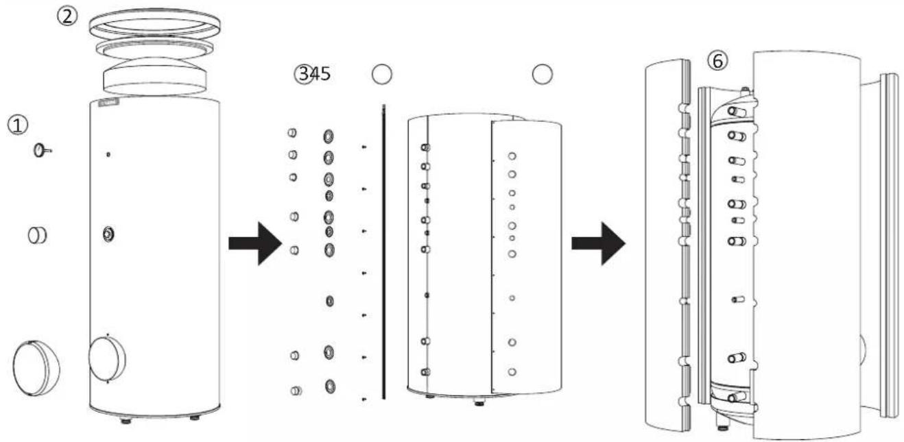 Technical diagram showing the assembly of a cylindrical device with labeled parts and numbered annotations