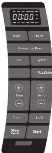 00:00 Toast Bake Convection Bake Broil Warm PizzaDefrc + + Time Temp - Clock Light Stop Cancel Start