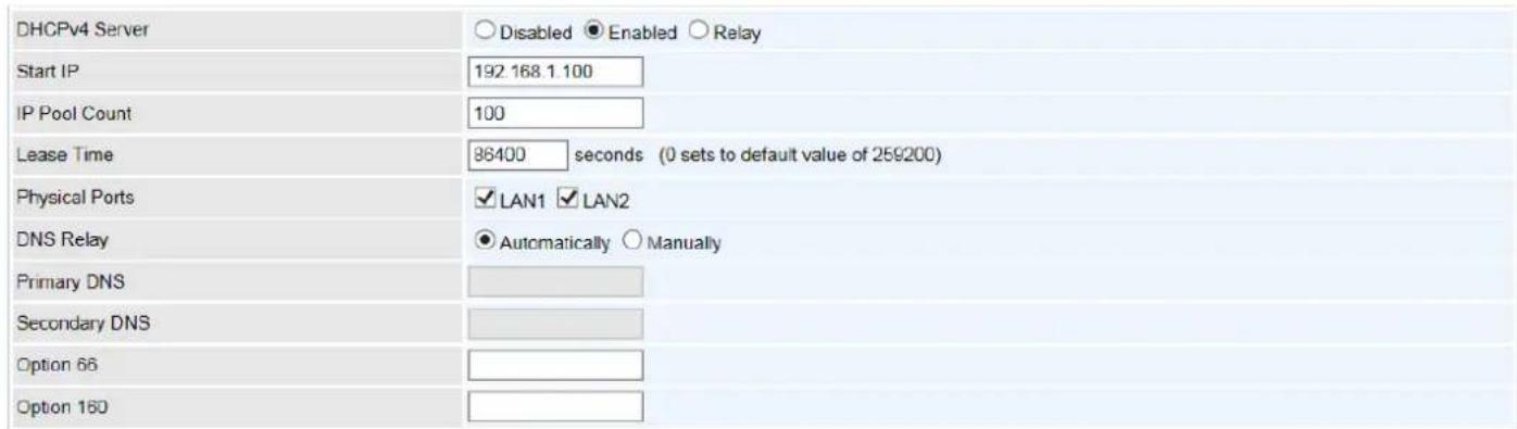 DHCPv4 Server Disabled Enabled Relay Start IP 192 168.1.100 IP Pool Count 100 Lease Time 86400 seconds (0 sets to default value of 259200) Physical Ports ✓ LAN1 ✓ LAN2 DNS Relay ● Automatically ○ Manually Primary DNS Secondary DNS Option 66 Option 160