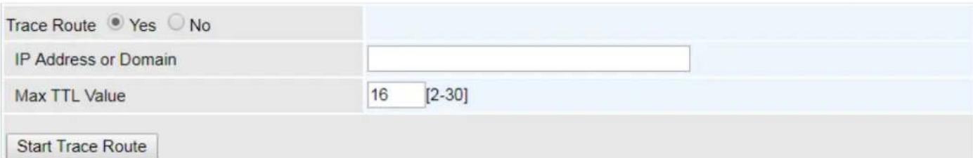 Trace Route Yes No IP Address or Domain Max TTL Value 16 [2-30] Start Trace Route
