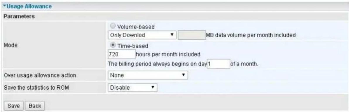 Usage Allowance Parameters Volume-based Only Downlod MB data volume per month included Mode Time-based 720 hours per month included The billing period always begins on day1 of a month. Over usage allowance action None Save the statistics to ROM Disable Save Back