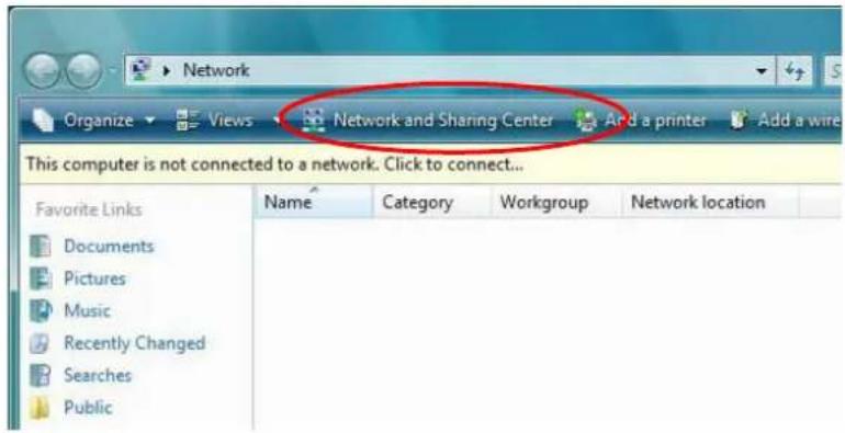 Network Organize Views Network and Sharing Center Add a printer Add a wire This computer is not connected to a network. Click to connect... Favorite Links Name Category Workgroup Network location Documents Pictures Music Recently Changed Searches Public