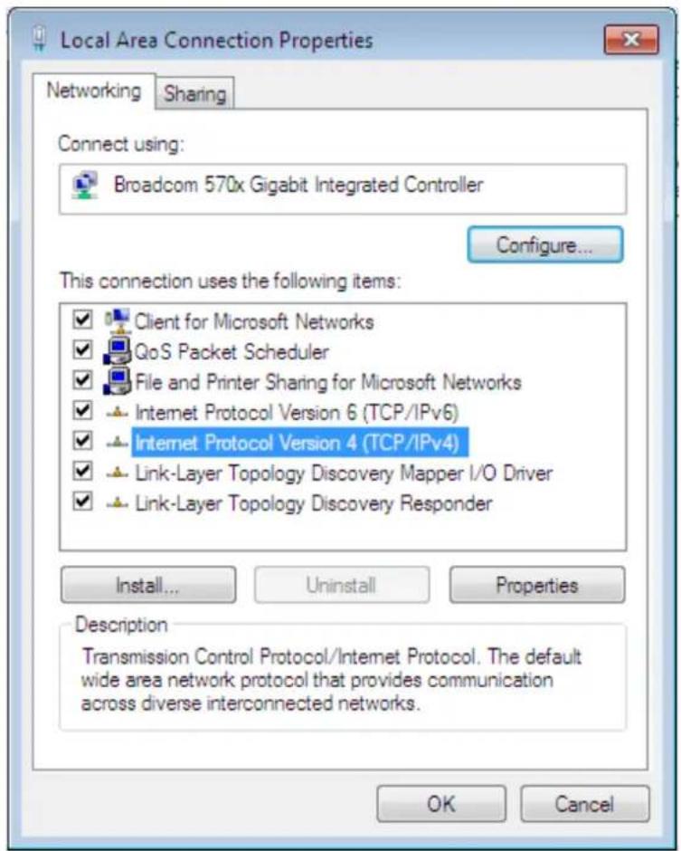 Local Area Connection Properties Networking Sharing Connect using: Broadcom 570x Gigabit Integrated Controller Configure... This connection uses the following items: ✓ Client for Microsoft Networks ✓ QoS Packet Scheduler ✓ File and Printer Sharing for Microsoft Networks ✓ Internet Protocol Version 6…