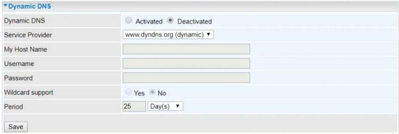Dynamic DNS Dynamic DNS ○ Activated ● Deactivated Service Provider www.dyndns.org (dynamic) ▼ My Host Name Username Password Wildcard support ○ Yes ● No Period 25 Day(s) ▼ Save