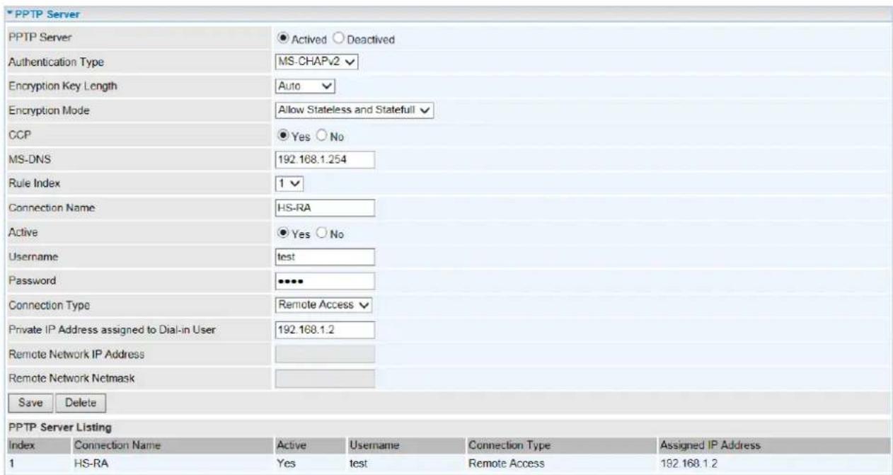 PPTP Server PPTP Server ● Actived ○ Deactivated Authentication Type MS-CHAPv2 Encryption Key Length Auto Encryption Mode Allow Stateless and Statefull CCP ● Yes ○ No MS-DNS 192.168.1.254 Rule Index 1 Connection Name HS-RA Active ● Yes ○ No Username Nuest Password ●●●● Connection Type Remote Access P…