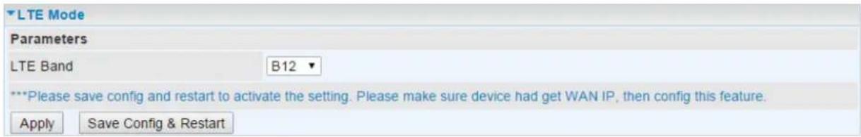 LTE Mode Parameters LTE Band B12 ***Please save config and restart to activate the setting. Please make sure device had get WAN IP, then config this feature. Apply Save Config & Restart