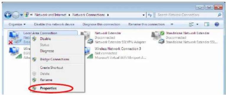 Network and Internet > Network Connections > Organize Disable this network device Diagnose this connection Rename this connection Local Area Connection Disable Status Diagnose Bridge Connections Create Shortcut Delete Rename Properties Network Extender Disconnected Network Extender SSLVPN Adapter Wi…
