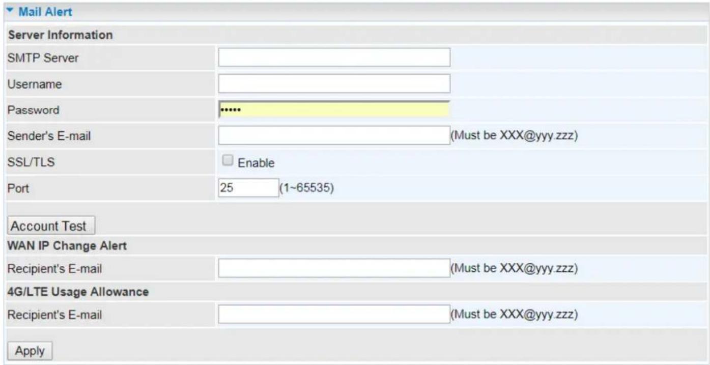 Mail Alert Server Information SMTP Server Username Password (Must be XXX@yyy.zzz) Sender's E-mail SSL/TLS Enable Port 25 (1~65535) Account Test WAN IP Change Alert Recipient's E-mail (Must be XXX@yyy.zzz) 4G/LTE Usage Allowance Recipient's E-mail (Must be XXX@yyy.zzz) Apply