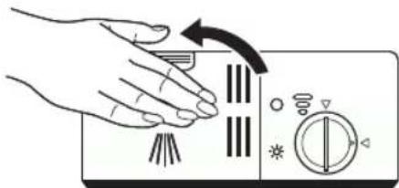 Diagram showing hand pressing down on a refrigerator with directional arrow and control buttons