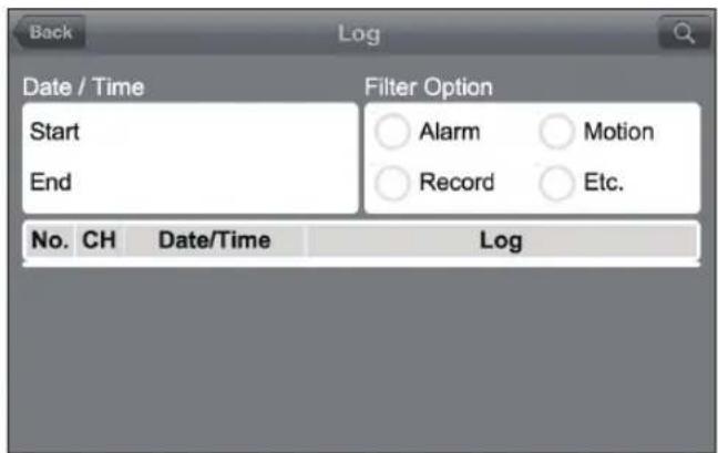 Back Log Date / Time Filter Option Start Alarm Motion End Record Etc. No. CH Date/Time Log