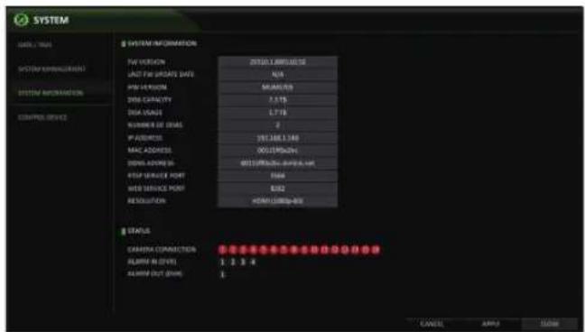 SYSTEM DATA / TIME SYSTEM INFORMATION TAV VERSION UNIT FAT UPGATE DATA PAN VISION DATA CAPACITY DATA DRANS NUMBER OF DINES IP ADDRESS MAC ADDRESS DATA ADDRESS DATA SERVICE PORT MED SERVICE PORT RESOLUTION STATUS CARRERA CONNECTORS ALUMIN IN (OUT) ALUMIN OUT (OUT) 2010.1.09/16:58 N/A MUMIN/S 2.175 2 191.346 1.340 0011990244 0011990244 - 0011990244 - 0011990244 - 0011990244 - 0011990244 - 0011990244 - 0011990244 - 0011990244 - 0011990244 - 001 1 2 3 4 1 CANCEL APPS SIZE