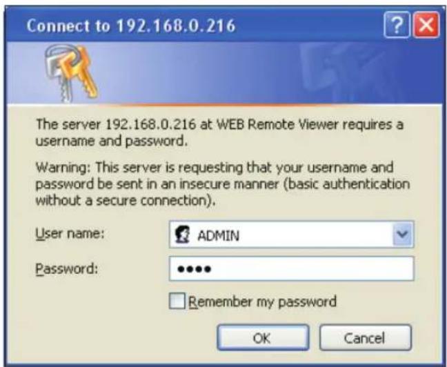 Connect to 192.168.0.216 The server 192.168.0.216 at WEB Remote Viewer requires a username and password. Warning: This server is requesting that your username and password be sent in an insecure manner (basic authentication without a secure connection). User name: ADMIN Password: ••••• Remember my password OK Cancel