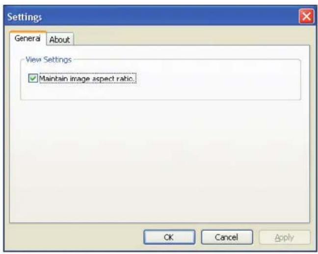 Settings General About View Settings ✓ Maintain image aspect ratio. OK Cancel Apply