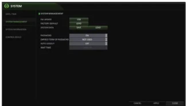 SYSTEM DETAIL / TRUE SYSTEM MANAGEMENT SYSTEM INFORMATION CONTROL DEVICE SYSTEM MANAGEMENT Pain UPDATE LOAD FACTORY DEFAULT LOAD SYSTEM DATA SAVE LOAD PASSWORDID DN EXPRESSED TERM OF PASSWORD ID NOT USED AUTO DOWNLOAD OFF WAIT TIME 12 March 20 CANCEL APPLY CLOSE