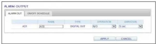 ALARM OUTPUT ALARM OUT ON/OFF SCHEDULE NAME TYPE OPERATION DURATION AO1 AO1 DIGITAL OUT N/O 5 sec APPLY CANCEL