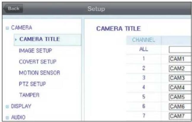 Back Setup CAMERA CAMERA TITLE IMAGE SETUP COVERT SETUP MOTION SENSOR PTZ SETUP TAMPER DISPLAY AUDIO CAMERA TITLE CHANNEL ALL 1 CAM1 2 CAM2 3 CAM3 4 CAM4 5 CAM5 6 CAM6 7 CAM7