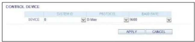 CONTROL DEVICE DEVICE 0 SYSTEM ID PROTOCOL BAID RATE D-Max 9600 APPLY CANCEL