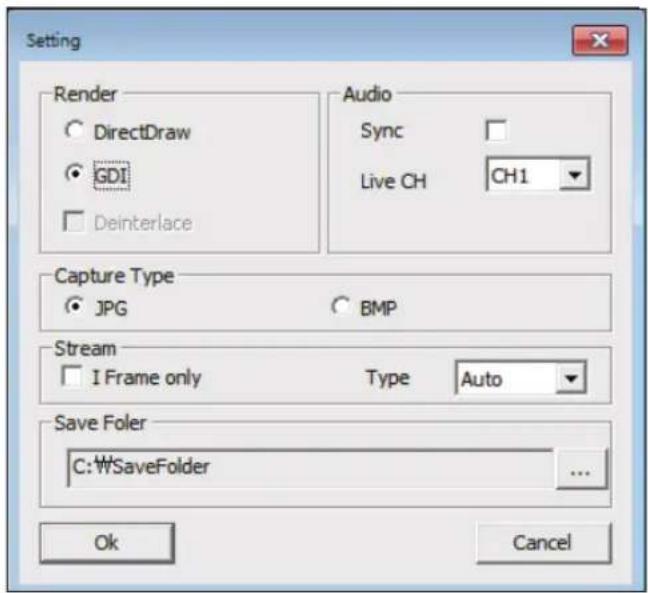 Setting Render DirectDraw GDI Deinterlace Audio Sync Live CH CH1 Capture Type JPG BMP Stream I Frame only Type Auto Save Foler C:\WSaveFolder Ok Cancel