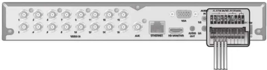 1 2 3 4 5 6 7 8 9 10 11 12 13 14 15 16 VIDEO IN AUDIO IN MGA 1/2 ETHERNET HD MONITOR AUDIO OUT 3/4 ALARM IN DELAY R0486. IN 1 IN 2 EN 3 IN 4 IN 5 COM 6 DC EM DC EM