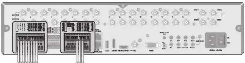 Diagram of an electronic device rear panel with labeled ports and connectors, including audio output and display indicators.