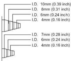 I.D. 10mm (0.39 inch) I.D. 8mm (0.31 inch) I.D. 6mm (0.24 inch) I.D. 4mm (0.16 inch) I.D. 7mm (0.28 inch) I.D. 6mm (0.24 inch) I.D. 4mm (0.16 inch)