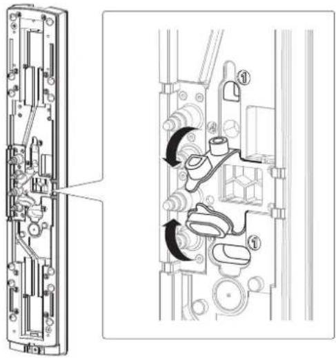 Technical diagram of a mechanical assembly with numbered components and directional arrows indicating motion or movement.