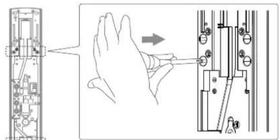 Technical diagram showing hand operating a screwdriver on a mechanical assembly with numbered components
