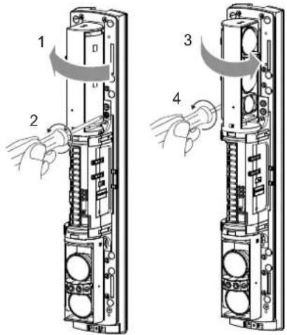 Technical diagram showing two mechanical assembly steps with labeled components and directional arrows indicating motion or movement.