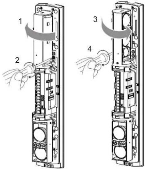 Technical diagram showing four labeled mechanical components with directional arrows indicating motion or assembly.