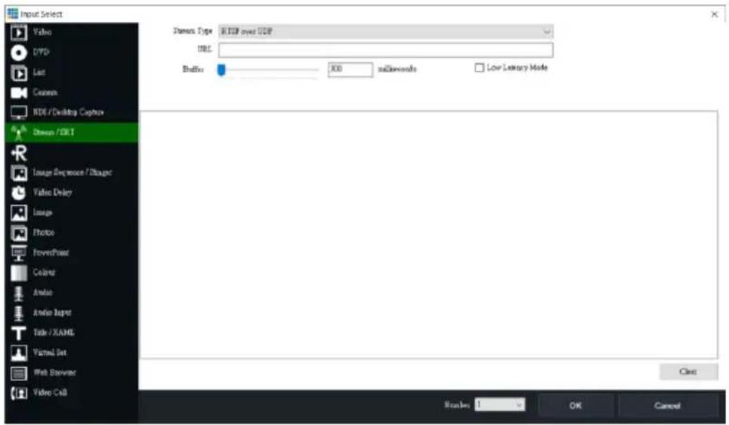 Input Select Video DVD Last Customs NIDI / Desktop Captive Theme / OKT Image Sequence / Shape Video Delay Image Photo Presentation Colors Audio Audio Input Title / XML Virtual Set Web Browser Video Call Theme Type: RGB over HTTP URL: Buffer: 300 milliseconds Low Latency Mode Cute Number 1 OK Cancel