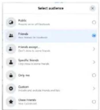 Select audience Public Please write off Facebooks Friends New friends can Facebooks Friends except... Don't claim to some friends Specific friends Only choose to some friends Only me Custom includes and exclude friends and hate Close friends New friends list