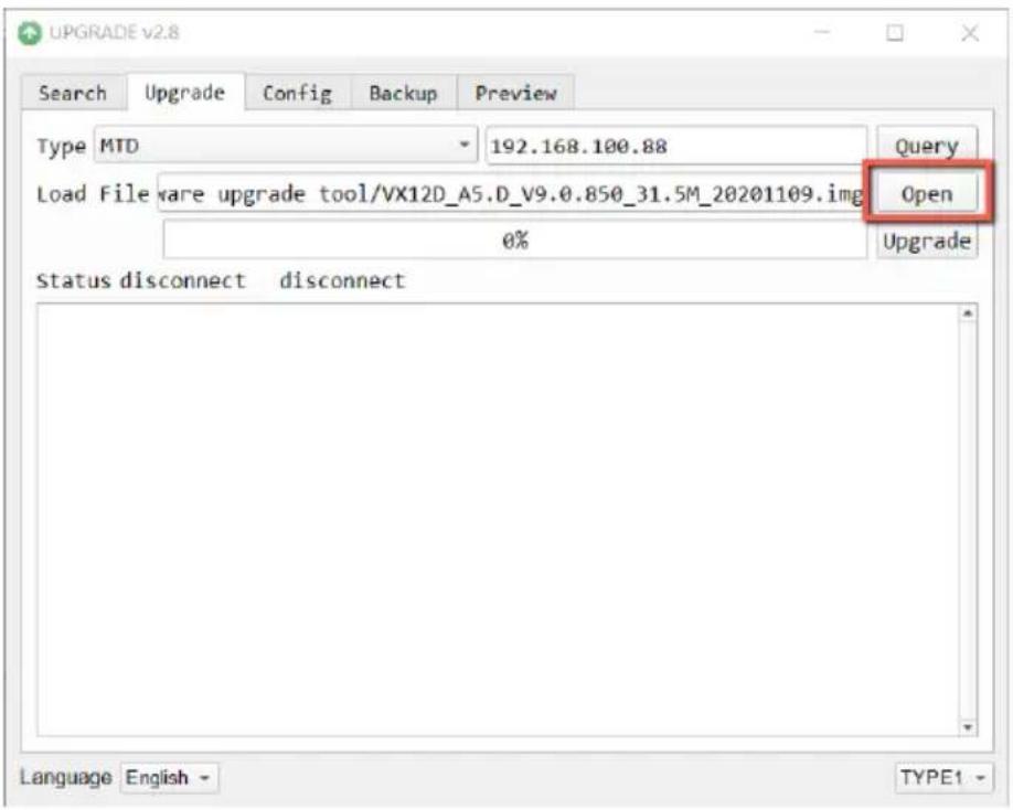 UPGRADE v2.8 Search Upgrade Config Backup Preview Type MTD 192.168.100.88 Query Load File ware upgrade tool/VX12D_A5.D_V9.0.850_31.5M_20201109.img Open 0% Upgrade Status disconnect disconnect Language English - TYPE1 -