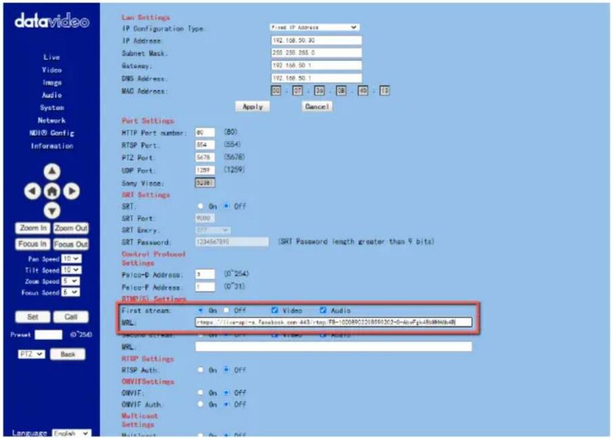 datavideo Live Video Image Audio System Network NDI® Config Information Zoom In Zoom Out Focus In Focus Out Pan Speed 10 Tilt Speed 10 Zone Speed 5 Focus Speed 5 Set Call Preset (0~254) PTZ Back Language English Lan Settings IP Configuration Type: Fixed IP Address IP Address: 192.168.30.30 Subnet Mask: 255.256.265.0 Gateway: 192.168.50.1 DNS Address: 192.168.50.1 MAC Address: 50.07.30.08.40.13 Apply Cancel Port Settings HTTP Port number: 80 (80) RTSP Port: 554 (554) PT2 Port: 5678 (5678) UDP Port: 1299 (1259) Sony Voice: 32361 SRT Settings SRT: On Off SRT Port: 9000 SRT Encry: Off SRT Password: 1234567816 (SRT Password length greater than 9 bits) Control Protocol Settings Pelco-D Address: 3 (0~254) Pelco-P Address: 1 (0~31) RTMP/S Settings First stream: On Off Video Audio MRL: https://live-spl-s.facebook.com/443/rtmp.FB-10208901208990202-0-AbvFg4RbHHWb4R Second stream: On Off Video AddTo MRL: RTSP Settings RTSP Auth: On Off ONVIESettings ONVIF: On Off ONVIF Auth: On Off Multicost Settings Multi-Inst: On Off