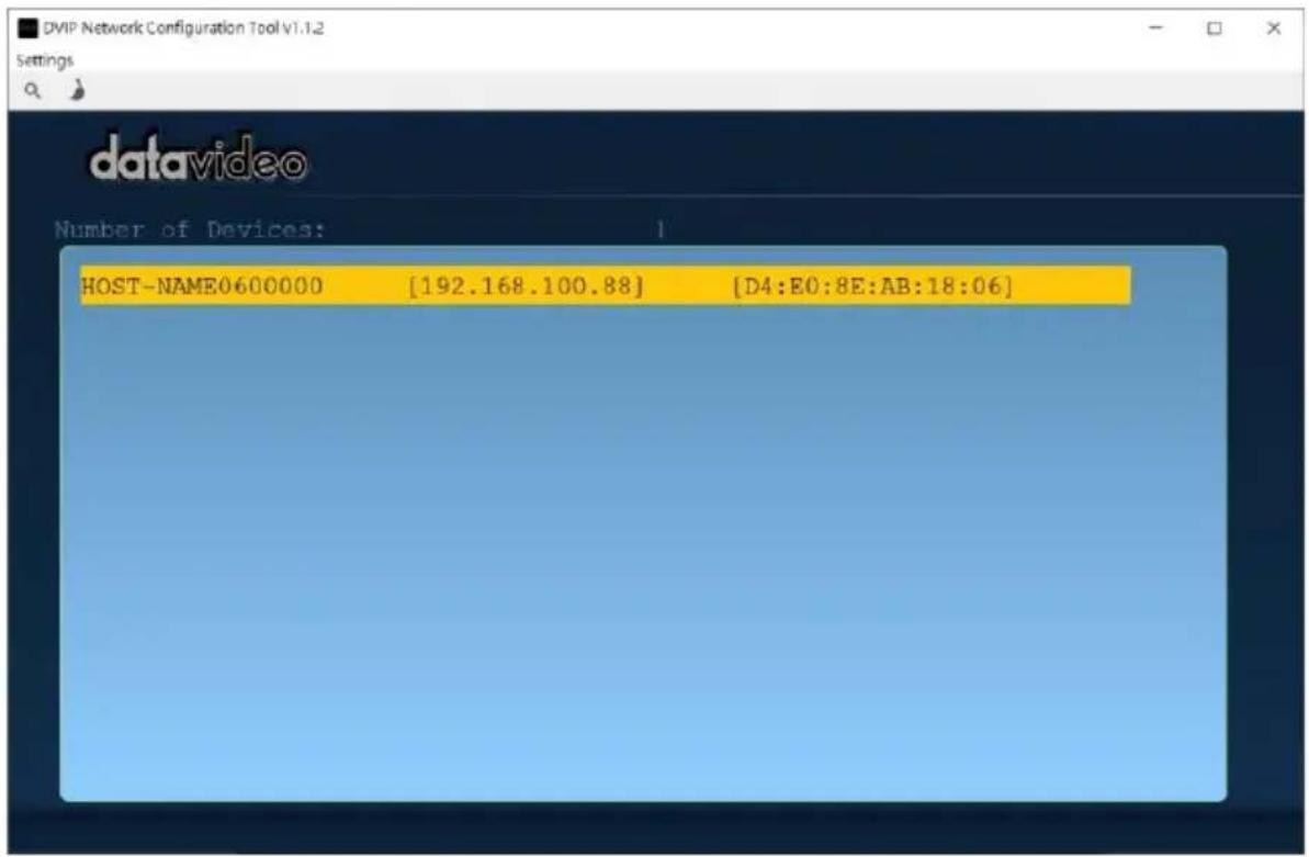 DVIP Network Configuration Tool V1.1.2 Settings datavideo Number of Devices: HOST-NAME0600000 [192.168.100.88] [D4:E0:8E:AB:18:06]