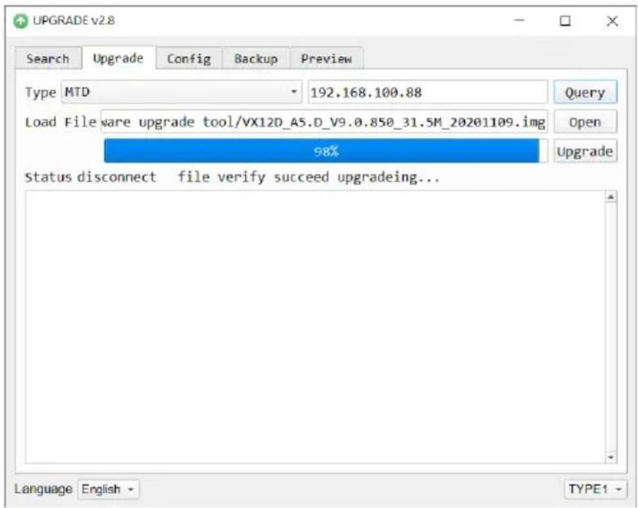 UPGRADE v2.8 Search Upgrade Config Backup Preview Type MTD 192.168.100.88 Query Load File ware upgrade tool/VX12D_A5.D_V9.0.850_31.5M_20201109.img Open 98% Upgrade Status disconnect file verify succeed upgrading... Language English TYPE1