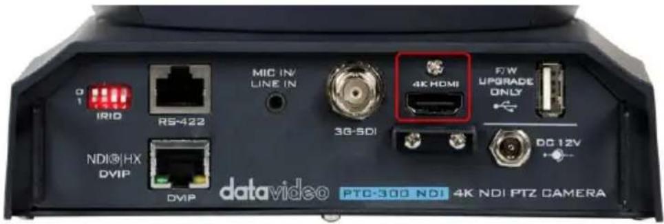 0 1 IRID RS-422 MIC IN/ LINE IN 4K HDMI F/W UPGRADE ONLY 3G-SDI NDI®/HX DVIP DMP DC 12V datavideo PTC-300 NDI 4K NDI PTZ CAMERA