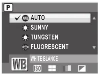 P ✓ AUTO SUNNY TUNGSTEN FLUORESCENT WHITE BLANCE WB ISO