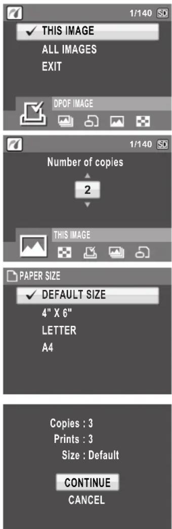 THIS IMAGE ALL IMAGES EXIT DPOF IMAGE Number of copies 2 THIS IMAGE PAPER SIZE DEFAULT SIZE 4" X 6" LETTER A4 Copies : 3 Prints : 3 Size : Default CONTINUE CANCEL