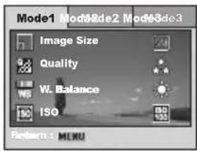 Mode1 Mode2 Mode3 Image Size Quality W. Balance ISO 100 100 Return - MENU
