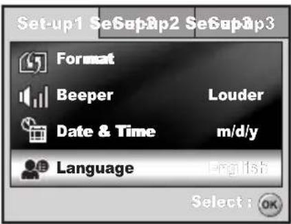 Set-up1 Se6up2p2 Se6up3p3 Format Beeper Louder Date & Time m/d/y Language English Select : OK