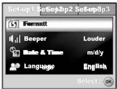 Set-up1 SeSep2p2 SeSep6p3 Format Beeper Louder Date & Time m/d/y Language English Select : OK