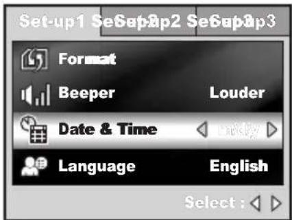 Set-up1 SeSap2p2 SeSap3p3 Format Beeper Louder Date & Time Language English Select :