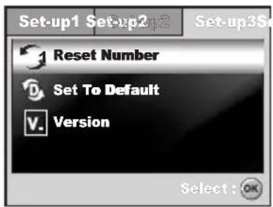Set-up1 Setup2 Set-up3S Reset Number Set To Default Version Select : OK