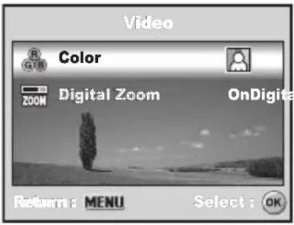 Video Color ZOOM Digital Zoom OnDigital Return: MENU Select: OK